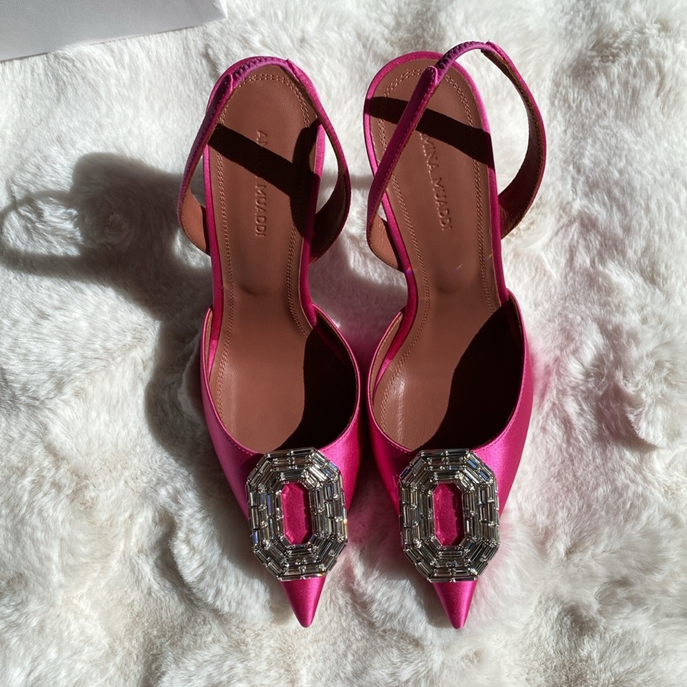 Amina Muaddi Camelia sling satin pink heels